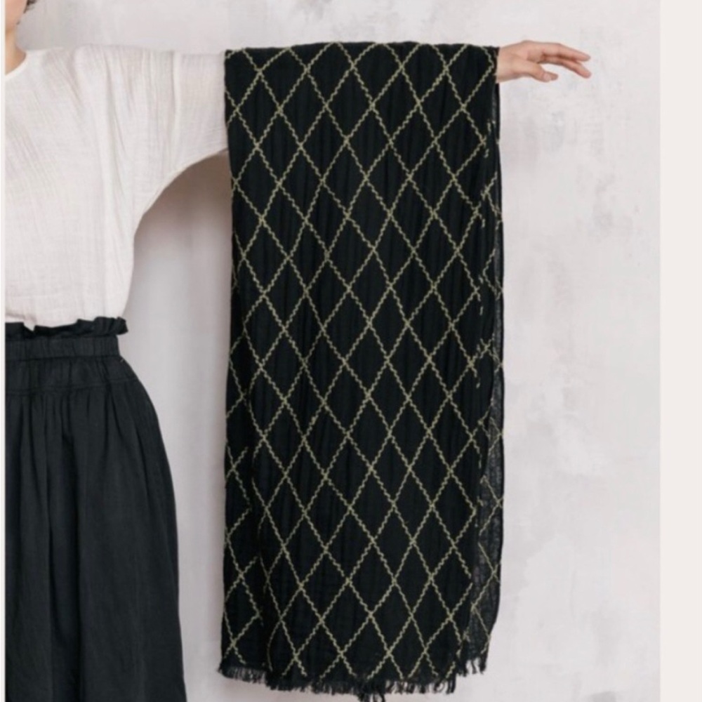 Voloshin nomi scarf in soft black cotton gauze embroidered wrap quiet luxury